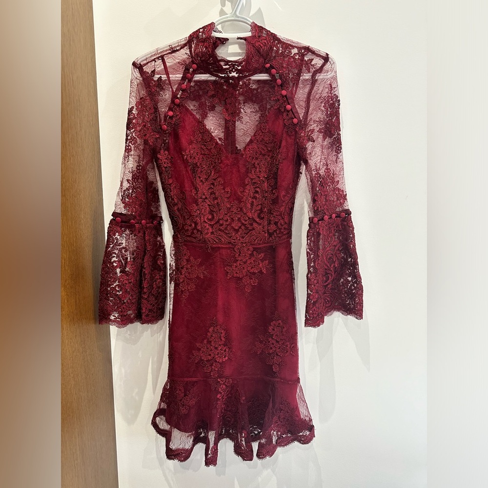 Elegant Nicholas evening dress. Silk underlay and intricate embroidered lace.